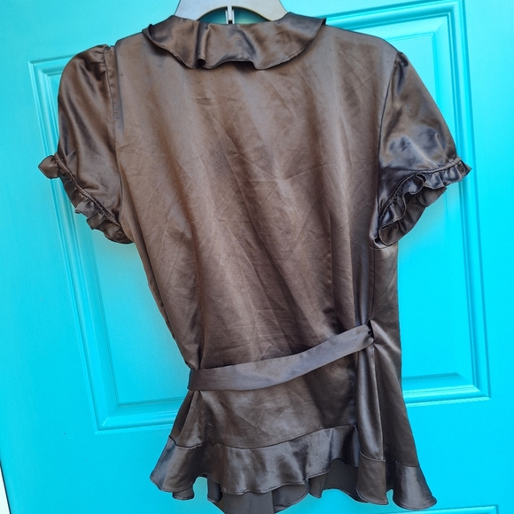 Wrap-Around Top Vintage Black Satin Ruffle Puff Sleeve Blouse - Picture 9 of 16